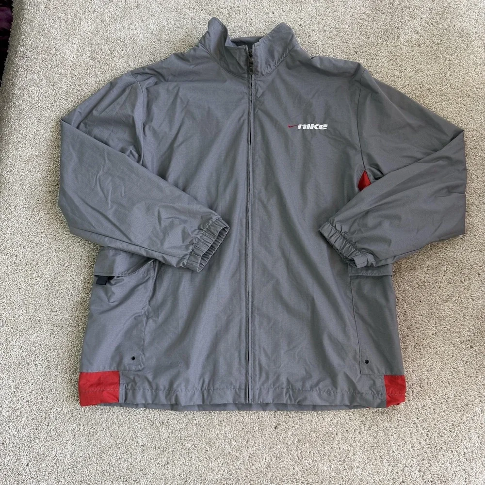 Y2K Nike Windbreaker Jacket Mens Large Gray Red Full Zip Colorblock Lightweight